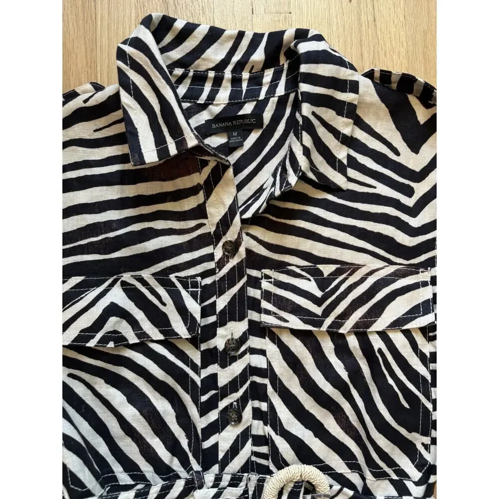Banana Republic Linen Zebra Print Safari Romper M 100% Linen